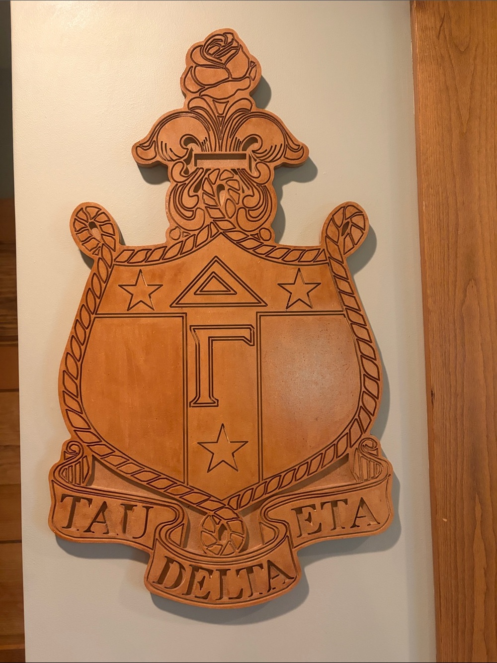 Delta Gamma Carved Wooden Tau Delta Crest Wall Plaque - Tan
